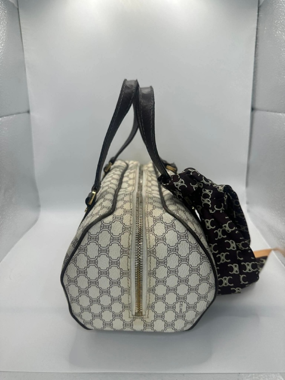 Celine Cream and Brown Monogram Top Handle Bag with Branded Scarf - Picture 12 of 13